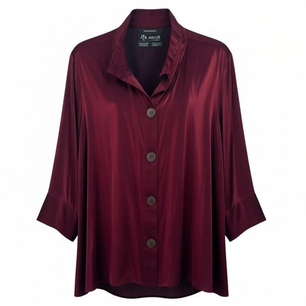 NEW Ali Miles Womens 2X Burgundy Red Shimmer Button Down Tunic 3/4 Sleeve